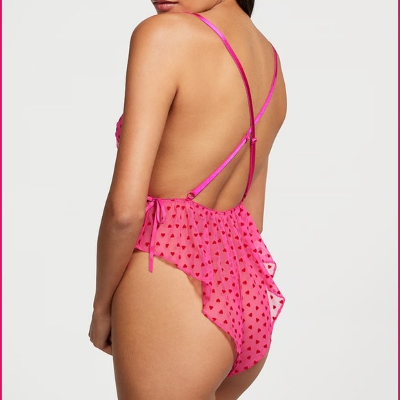 New! Victoria’s Secret Tease Mini Hearts Flocked Mesh Romper 4002 - Picture 3 of 8